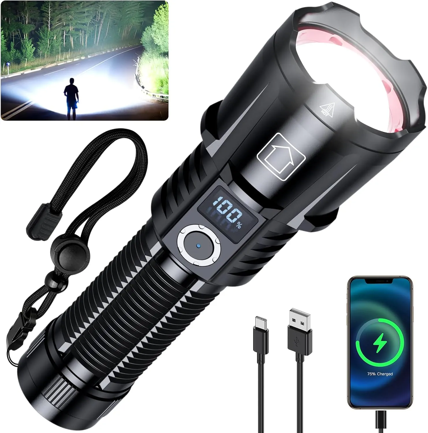 Rechargeable Flashlights 2000 High Lumens, Super Bright Flashlight High Powered Tactical Flashlight, 5 Modes with LCD Power Display, Zoomable, Waterproof Handheld Flash Light for Emergency Home