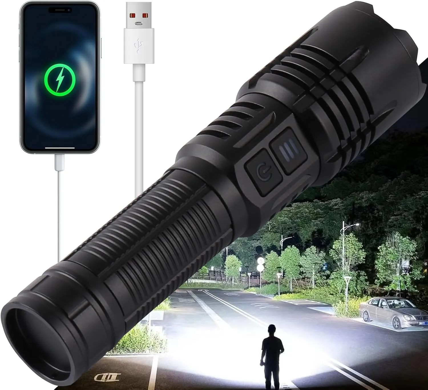Rechargeable Flashlights 6000 Lumens Zoomable 6 Modes(UV lamp), LED Flashlight USB C, Waterproof Tactical Flashlight, 24H Long Life & Strong Flash Light for Emergencies Camping