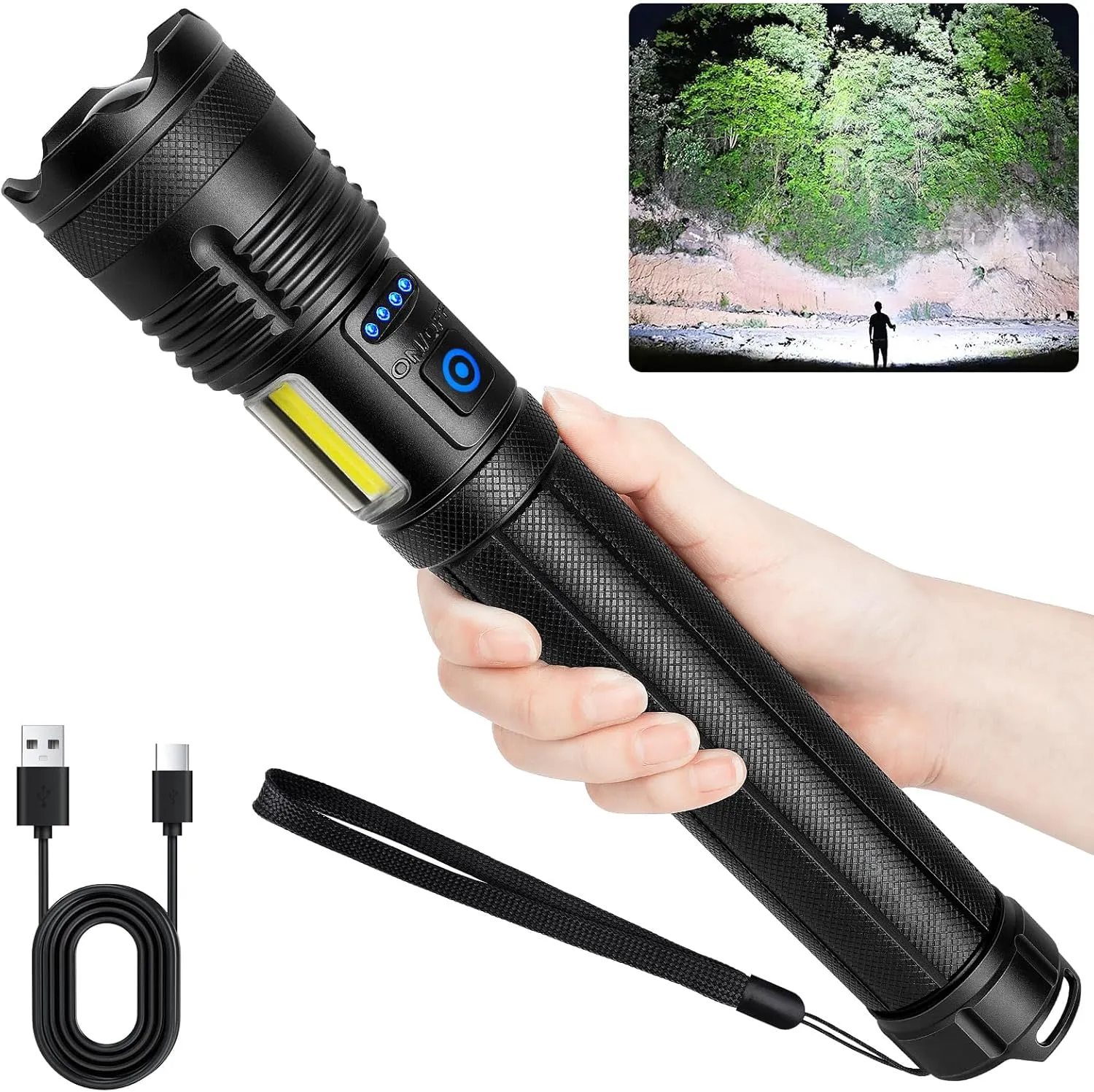 Rechargeable Flashlights 990000 High Lumen, 5000 ɱAh ΒATTERY LED Flashlight with Cob-Light for Home, Super Bright Flash Light 7 Modes, IPX7 Waterproof for Outdoor Camping
