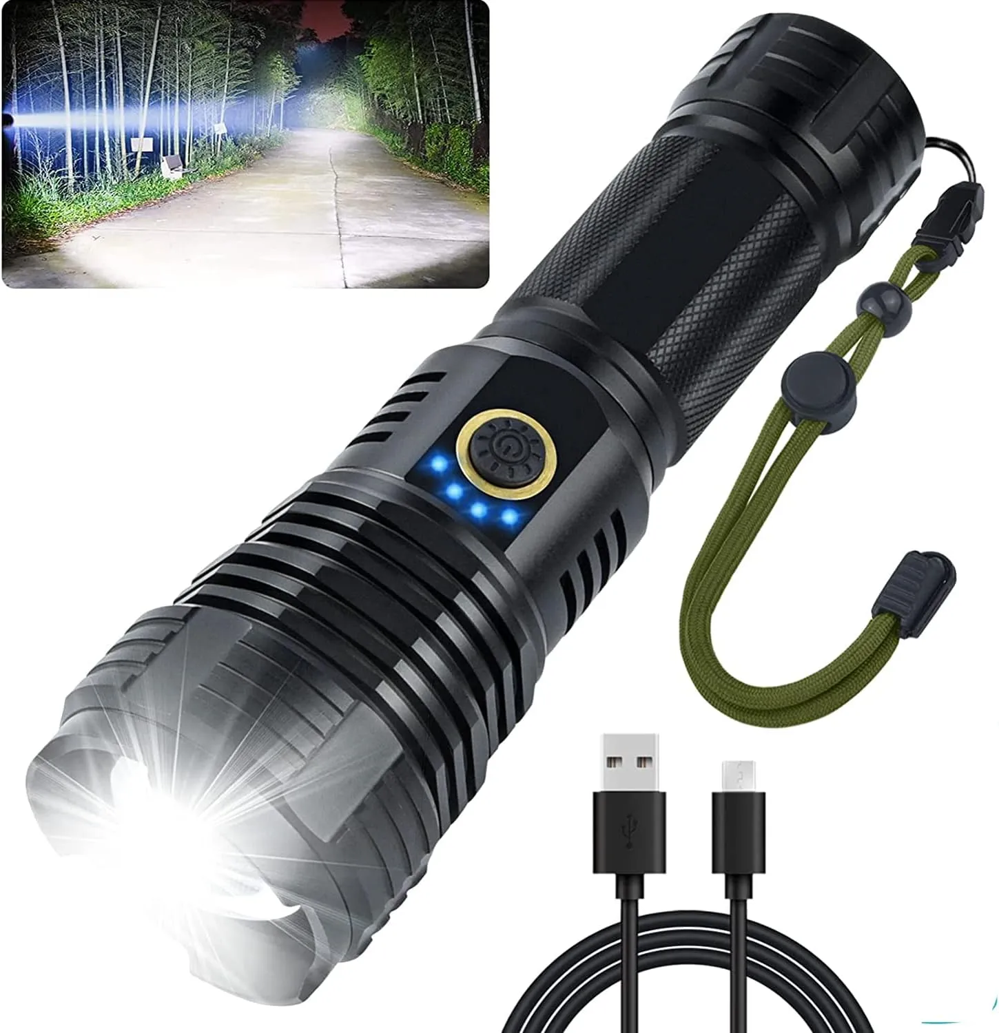 Rechargeable Flashlights High Lumens, 100000 Lumen Super Bright Tactical Flashlight, XHP 90 LED Flashlight, Tactical Flashlight with Zoomable, Waterproof, 5Modes for Camping and Emergencies