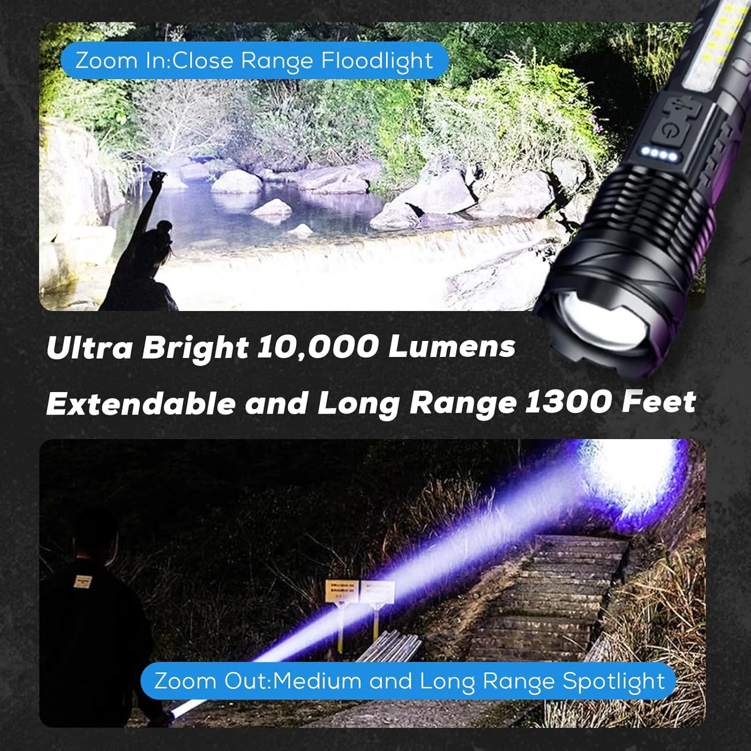Rechargeable Flashlights High Lumens 10000lm, 7mode Flashlights Rechargeable Super Bright High Powered Flash Light Adjustable Tactical Flashlight LED Flashlight for Emergency Home 2pcs (2)
