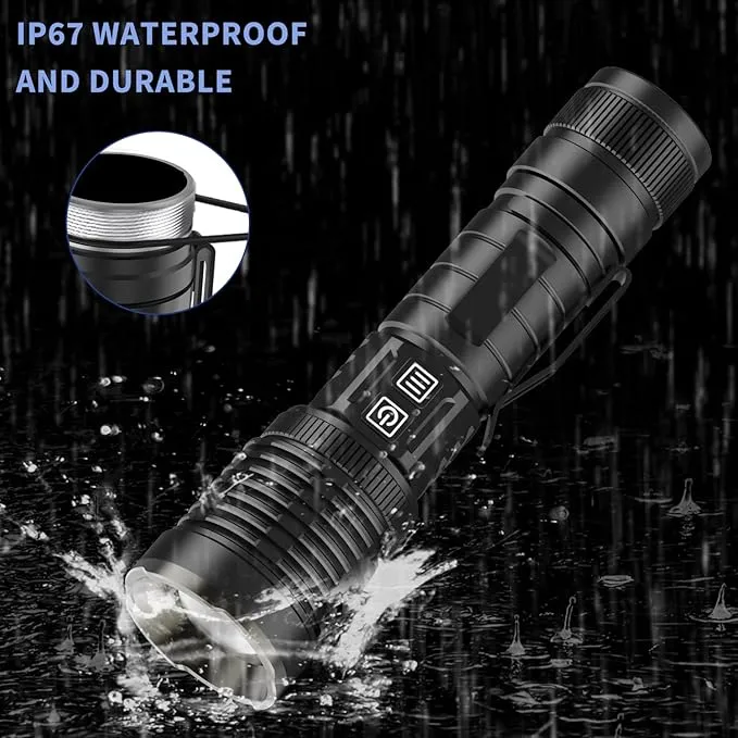 Rechargeable Flashlights High Lumens, 200000 Lumens Flashlights with Clip, Dual Switch IP67 Waterproof Super Bright LED Tactical Flashlight, USB Recharging LED Flashlights for Camping Home