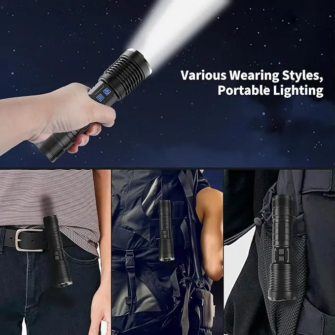Rechargeable Flashlights High Lumens, 200000 Lumens Flashlights with Clip, Dual Switch IP67 Waterproof Super Bright LED Tactical Flashlight, USB Recharging LED Flashlights for Camping Home