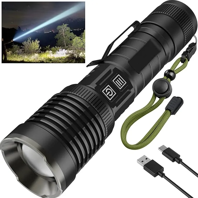 Rechargeable Flashlights High Lumens, 200000 Lumens Flashlights with Clip, Dual Switch IP67 Waterproof Super Bright LED Tactical Flashlight, USB Recharging LED Flashlights for Camping Home