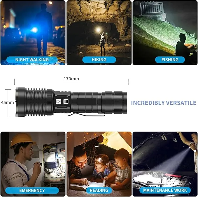 Rechargeable Flashlights High Lumens, 200000 Lumens Flashlights with Clip, Dual Switch IP67 Waterproof Super Bright LED Tactical Flashlight, USB Recharging LED Flashlights for Camping Home