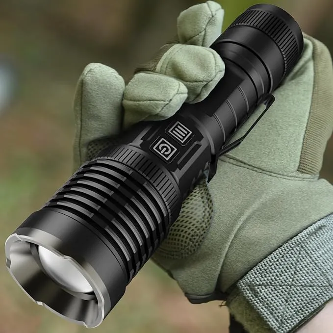 Rechargeable Flashlights High Lumens, 200000 Lumens Flashlights with Clip, Dual Switch IP67 Waterproof Super Bright LED Tactical Flashlight, USB Recharging LED Flashlights for Camping Home