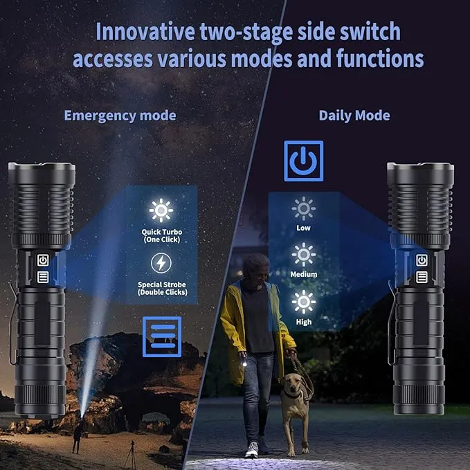 Rechargeable Flashlights High Lumens, 200000 Lumens Flashlights with Clip, Dual Switch IP67 Waterproof Super Bright LED Tactical Flashlight, USB Recharging LED Flashlights for Camping Home