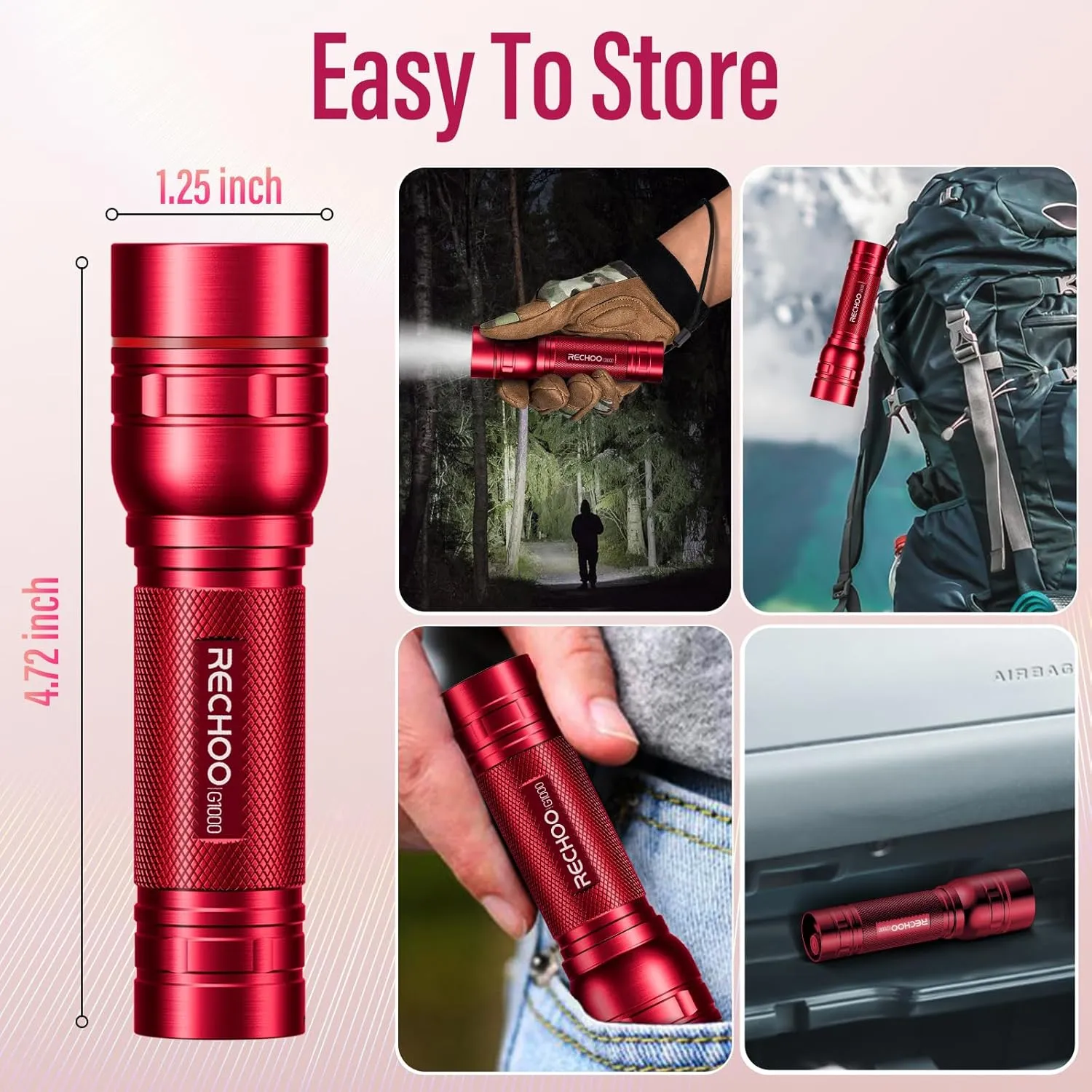 Rechargeable Flashlights High Lumens, G1000 Super Bright Flash Light 2 Pack, Small Zoomable LED Flashlight with 3 Lighting Modes, Portable Flashlights for Camping Essentials, Gift for Women (Red)