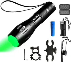 Rechargeable Green Light Tactical Flashlight，500 Yard Green Light Zoomable Flashlight Observation Lights with Pressure Switch Universal Picatinny Rail Mount kit.
