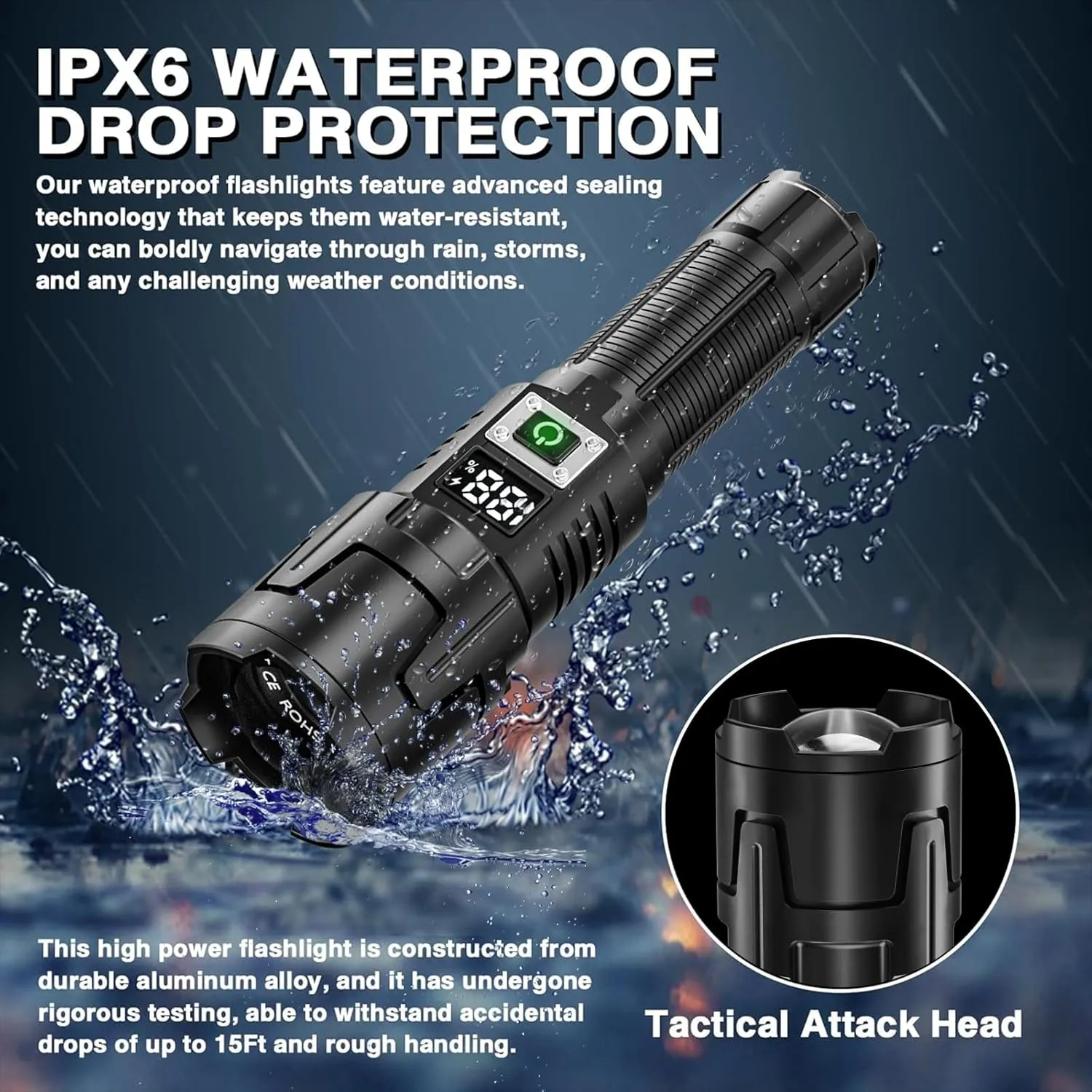 Rechargeable High Lumen LED Flashlight, 90,000 Lumens with Zoom, 3 Modes, IPX6 Water Resistant, Powerful Handheld Flashlight for Emergencies, Camping and Hiking