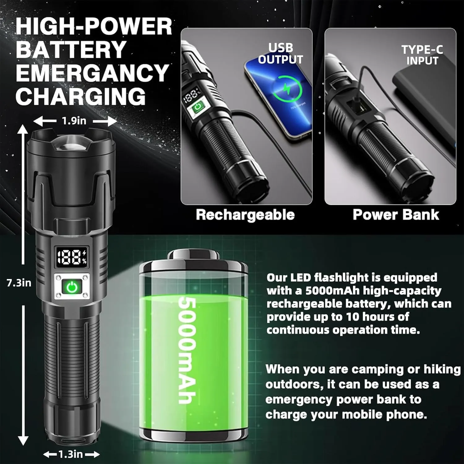 Rechargeable High Lumen LED Flashlight, 90,000 Lumens with Zoom, 3 Modes, IPX6 Water Resistant, Powerful Handheld Flashlight for Emergencies, Camping and Hiking