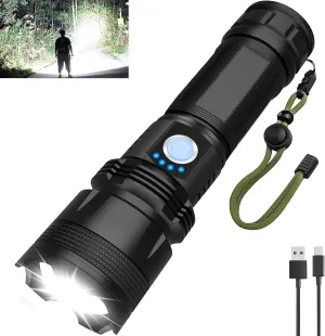 Rechargeable LED Flashlight High Lumens, 500000 Lumens Super Bright Flash Lights, Zoomable, 5 Modes, Powerful Handheld Flashlight for Camping