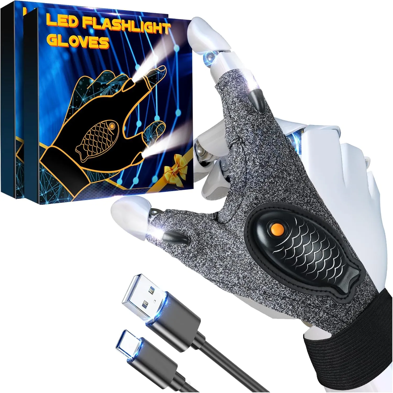 Rechargeable LED Flashlight Waterproof Gloves - 2 Pack Christmas Stocking Stuffer Gifts for Men, Cool Gadgets Hands Free Light Gloves Tool for Men Women Husband Boyfriend Mechanics Night Fishing
