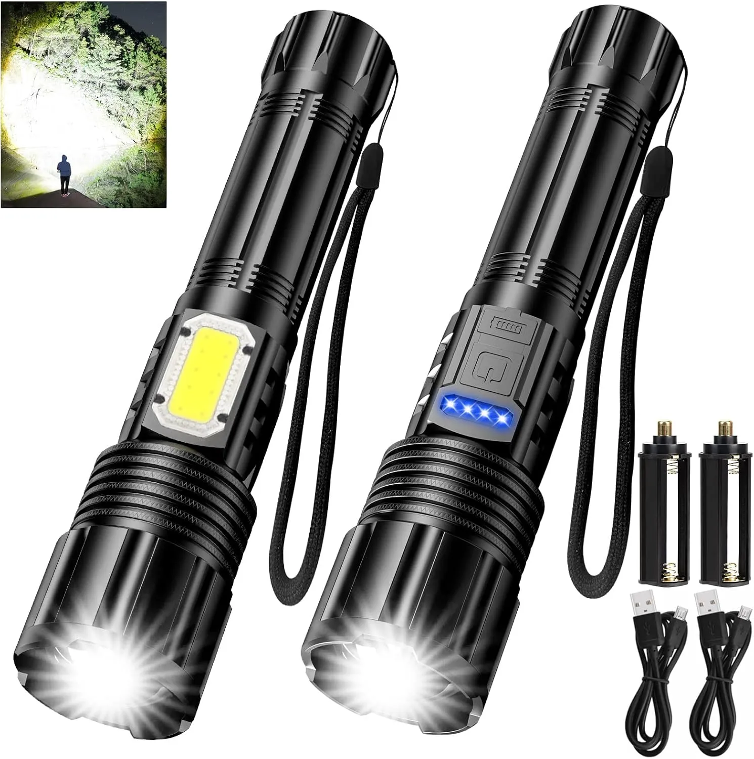 Rechargeable LED FLashlights 8000 High Lumens, Super Bright LED Tactical Flashlight with Power Display, Zoomable, with COB Light， Waterproof,Powerful Handheld Flashlight for Camping,Hiking 2 Pack