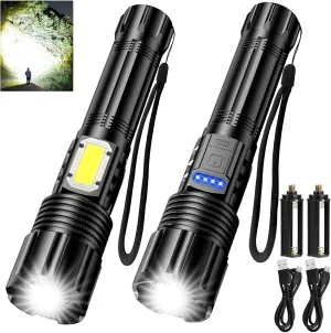 Rechargeable LED FLashlights 8000 High Lumens, Super Bright LED Tactical Flashlight with Power Display, Zoomable, with COB Light， Waterproof,Powerful Handheld Flashlight for Camping,Hiking 2 Pack
