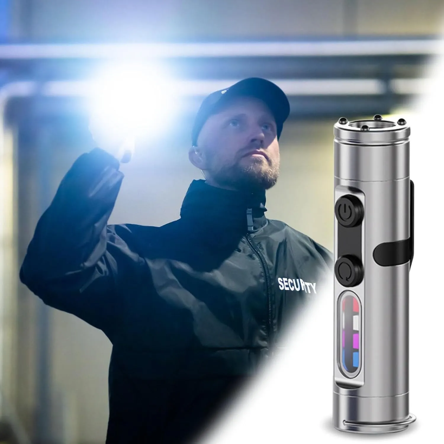 Rechargeable LED Magnetic Super Bright Tactical Flashlight, Multi Functional Waterproof Tactical with Hat Clip, Adjustable Light Modes (Silver ( Without Ignition ))