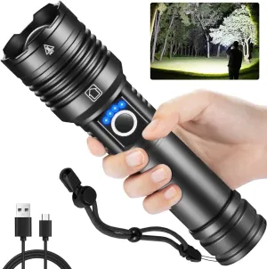 Rechargeable LED Tactical Flashlight, 900000LM, Zoomable, IPX6 Waterproof, 6 Modes
