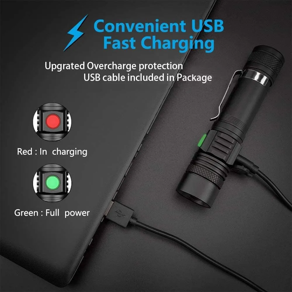 Rechargeable LED Tactical Flashlight, Pocket-Size Small LED Flashlight, 2000lm, Super Bright LED, Zoomable, IPX6 Waterproof Flashlight for Hiking, Camping, Emergency, 4pcs