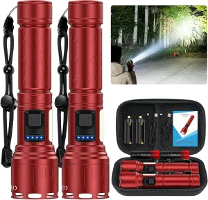 Rechargeable Magnetic Flashlights High Lumens, Super Bright LED Powerful Flashlight 8 Modes with COB Work Light, Waterproof Handheld Flash Light for Camping (2 Pack with Leather Box, Red)