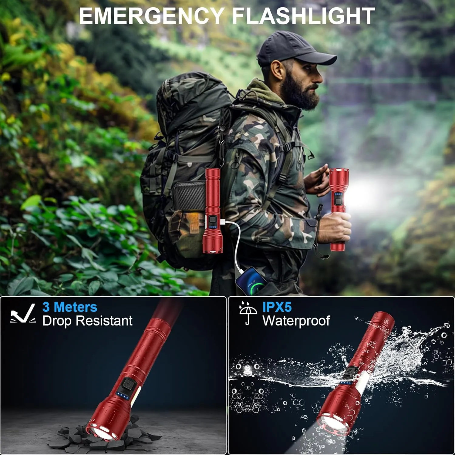Rechargeable Magnetic Flashlights High Lumens, Super Bright LED Powerful Flashlight 8 Modes with COB Work Light, Waterproof Handheld Flash Light for Camping (2 Pack with Leather Box, Red)