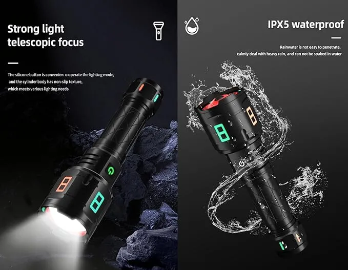 Rechargeable Military Flashlight, 220,000LM Powerful Tactical Flashlight, 5000 mAh LED Variable Focus, Up to 50 Hours of Continuous Use, for Camping Expeditions and Emergencies