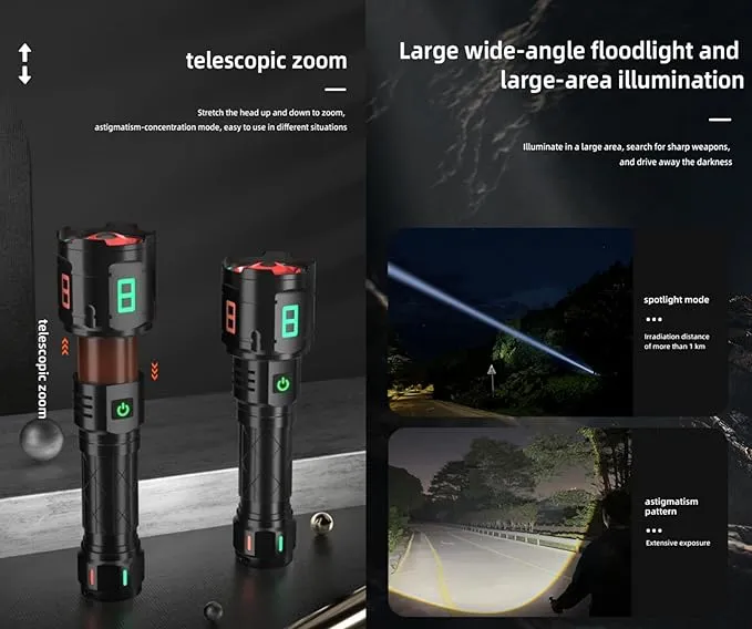 Rechargeable Military Flashlight, 220,000LM Powerful Tactical Flashlight, 5000 mAh LED Variable Focus, Up to 50 Hours of Continuous Use, for Camping Expeditions and Emergencies