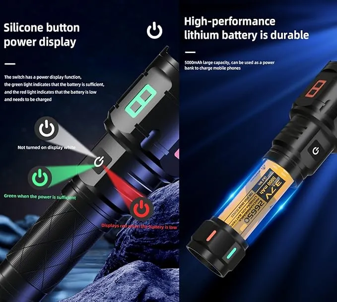 Rechargeable Military Flashlight, 220,000LM Powerful Tactical Flashlight, 5000 mAh LED Variable Focus, Up to 50 Hours of Continuous Use, for Camping Expeditions and Emergencies