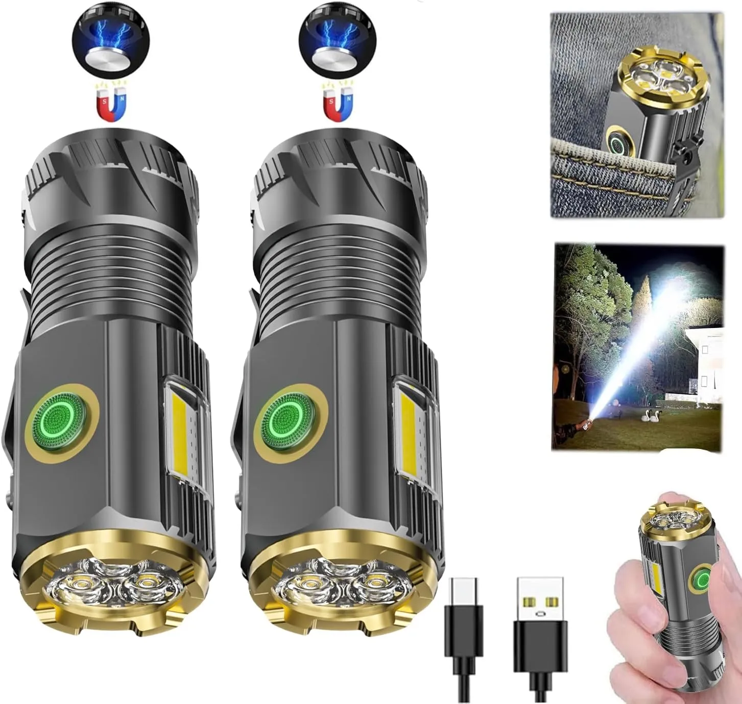 Rechargeable Mini LED Flashlight, 9000 lumens Ultra Bright Small Flashlight, with Clip and Magnet, IPX6 Waterproof, 6 Modes, Suitable for Camping, Hiking, and Emergency situations (2-Piece Set)