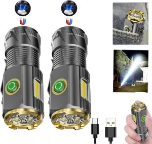 Rechargeable Mini LED Flashlight, 9000 lumens Ultra Bright Small Flashlight, with Clip and Magnet, IPX6 Waterproof, 6 Modes, Suitable for Camping, Hiking, and Emergency situations (2-Piece Set)