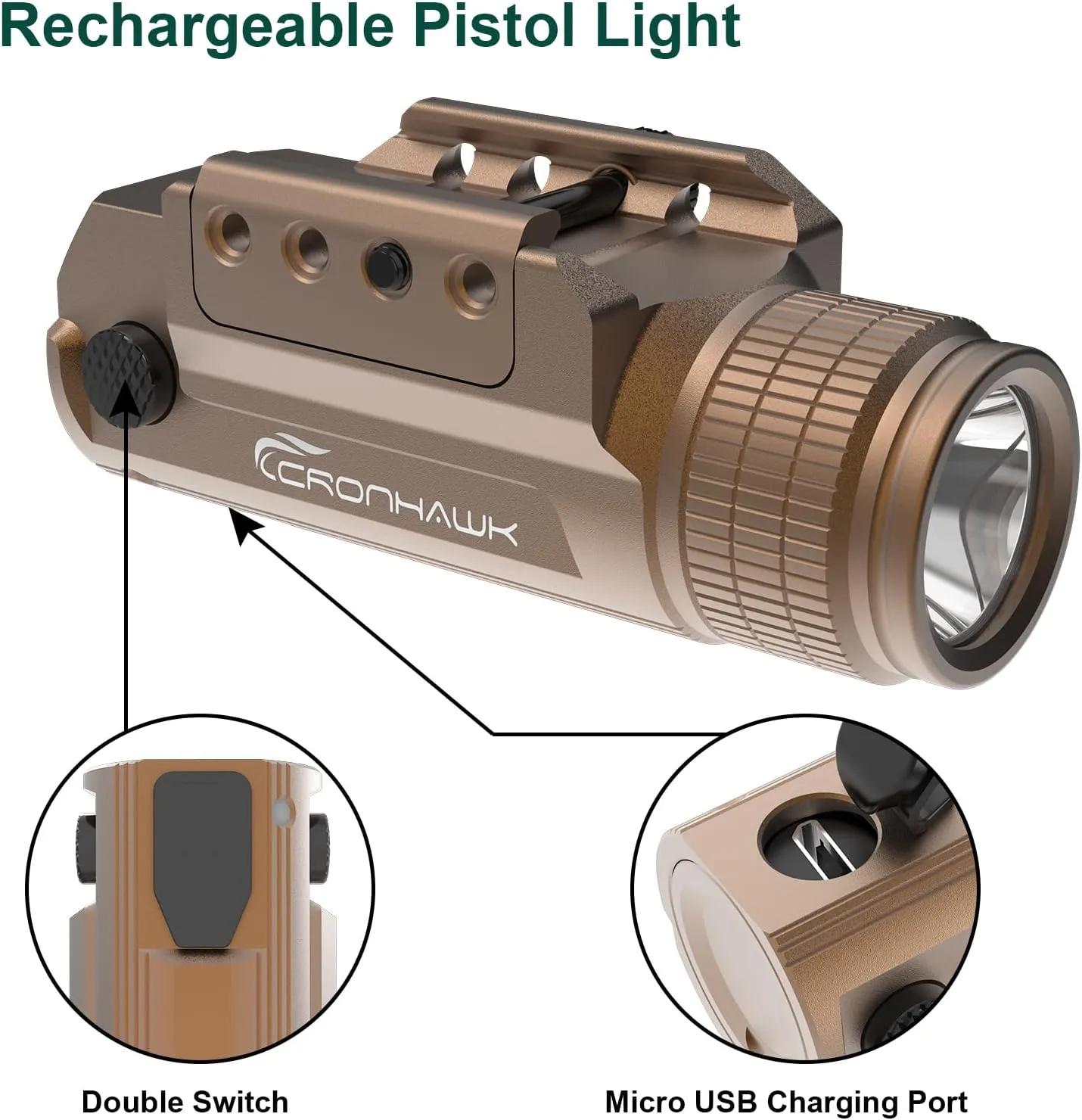 Rechargeable Pistol Light, 700 Lumen Compact Rail Mounted Tactical Gun Flashlight fit for Picatinny MIL-STD-1913
