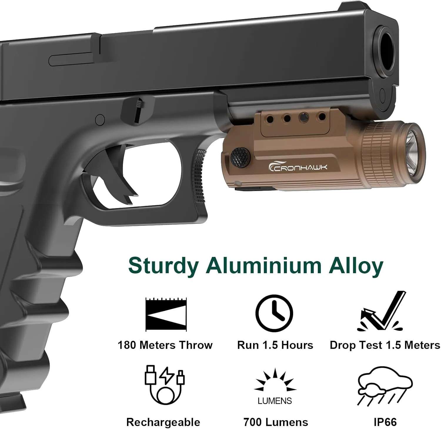 Rechargeable Pistol Light, 700 Lumen Compact Rail Mounted Tactical Gun Flashlight fit for Picatinny MIL-STD-1913