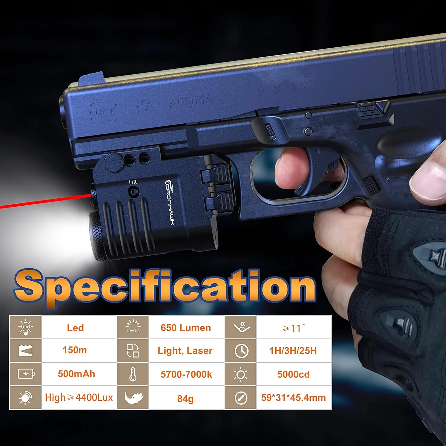 Rechargeable Pistol Light Laser Combo 650 Lumen Tactical Flashlight and Red Laser Sight Weaponlight Compatible with Picatinny 1913