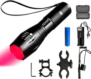 Rechargeable Red Light Tactical Flashlight，500 Yard Red Light Zoomable Flashlight Observation Lights with Pressure Switch Universal Picatinny Rail Mount kit.
