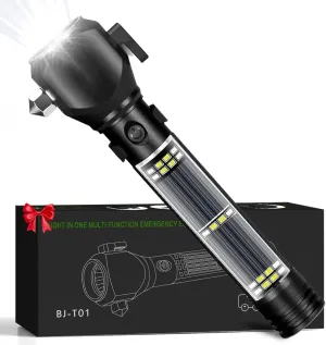 Rechargeable Solar Powered Flashlight,Multi Function LED Tactical Flashlight with Glass Breaker,Seatbelt Cutter,Alarm and Phone Charger,Powerful Handheld Flashlights for Emergencies Camping