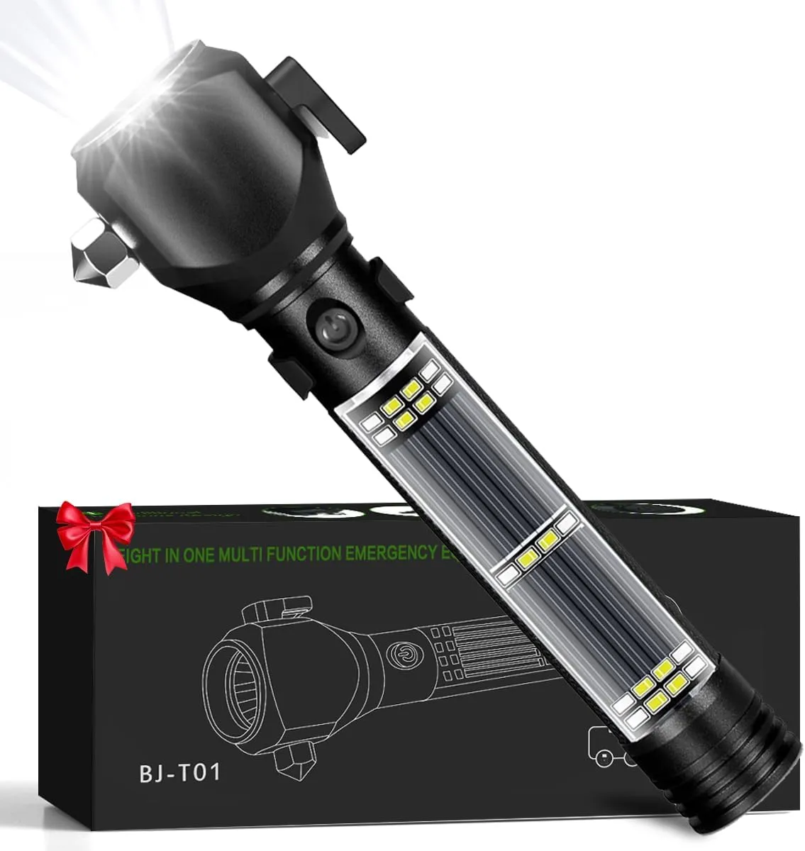 Rechargeable Solar Powered Flashlight,Multi Function LED Tactical Flashlight with Glass Breaker,Seatbelt Cutter,Alarm and Phone Charger,Powerful Handheld Flashlights for Emergencies Camping
