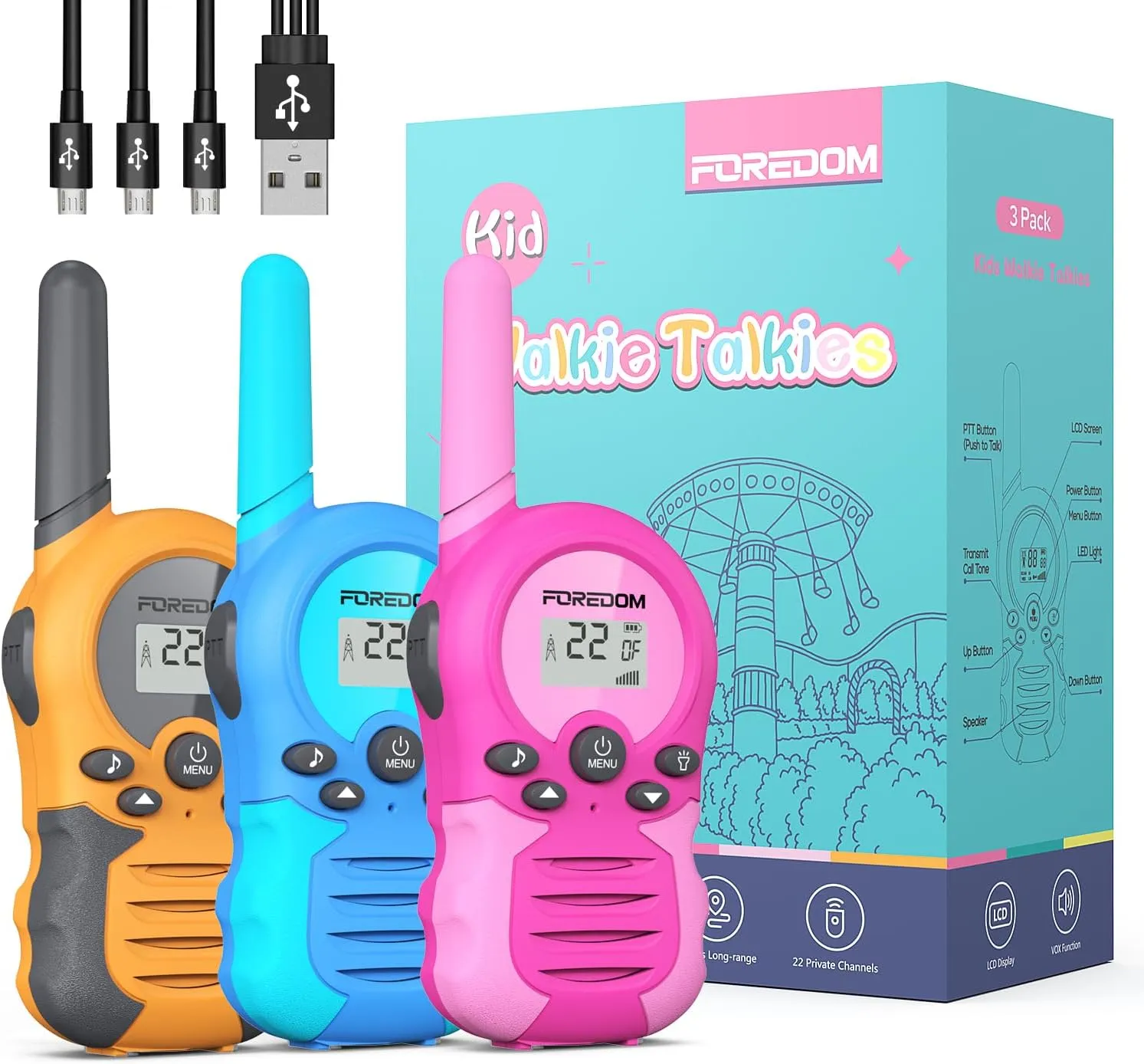 Rechargeable Walkie Talkies for Kids Walkie Talkies Long Range for Boy & Girl Age 3 to 12 Year Old Birthday Toys - 3 Pack Blue Orange Rose