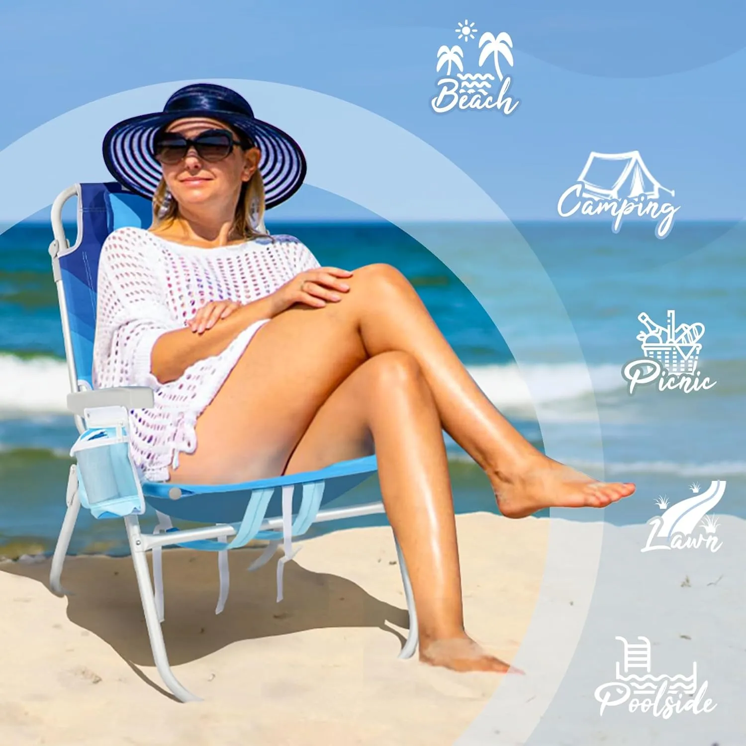 Reclining Beach Chairs for Adults - Tall Beach Chair with Cup Holder & Large Insulated Cooler Bag, Backpack Portable Beach Chair Support 300LBS, Wave Blue