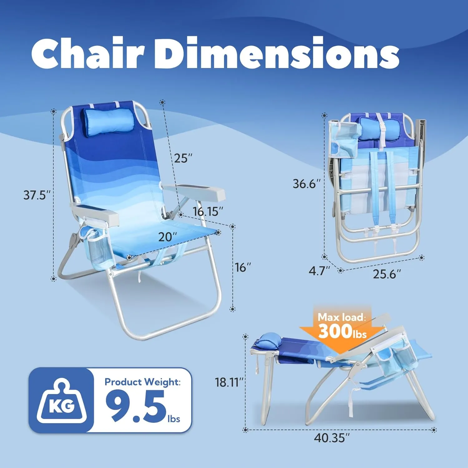 Reclining Beach Chairs for Adults - Tall Beach Chair with Cup Holder & Large Insulated Cooler Bag, Backpack Portable Beach Chair Support 300LBS, Wave Blue