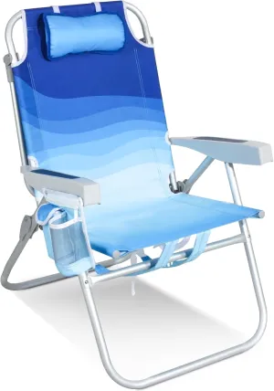 Reclining Beach Chairs for Adults - Tall Beach Chair with Cup Holder & Large Insulated Cooler Bag, Backpack Portable Beach Chair Support 300LBS, Wave Blue
