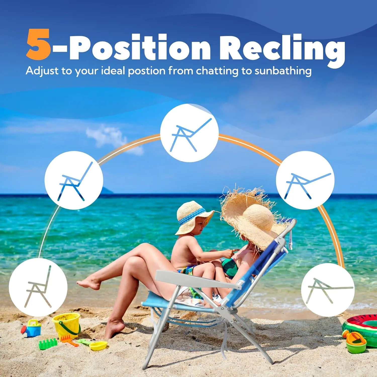Reclining Beach Chairs for Adults - Tall Beach Chair with Cup Holder & Large Insulated Cooler Bag, Backpack Portable Beach Chair Support 300LBS, Wave Blue