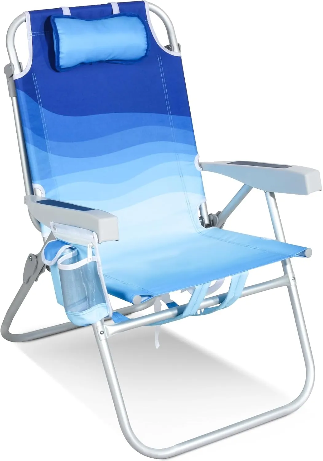 Reclining Beach Chairs for Adults - Tall Beach Chair with Cup Holder & Large Insulated Cooler Bag, Backpack Portable Beach Chair Support 300LBS, Wave Blue