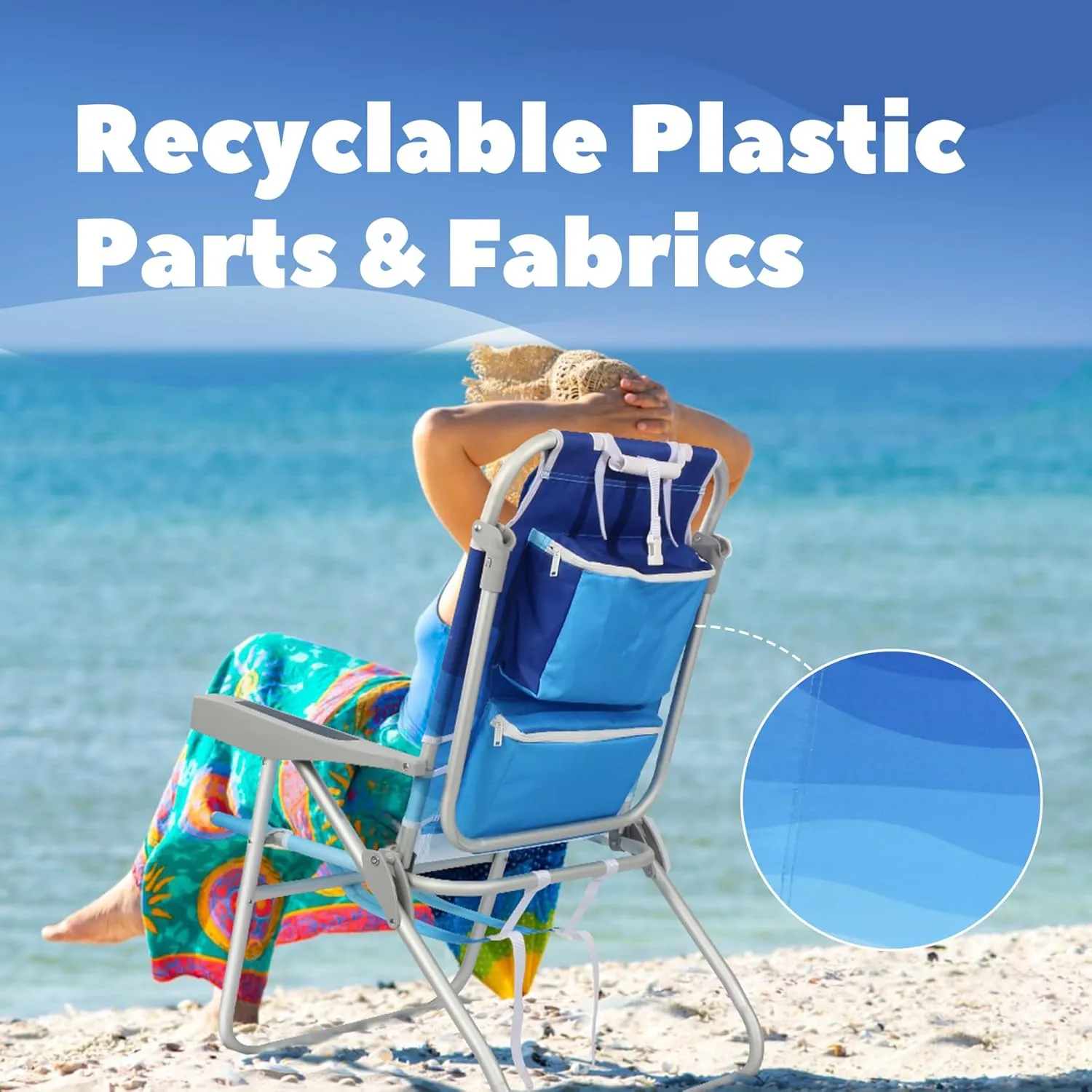 Reclining Beach Chairs for Adults - Tall Beach Chair with Cup Holder & Large Insulated Cooler Bag, Backpack Portable Beach Chair Support 300LBS, Wave Blue