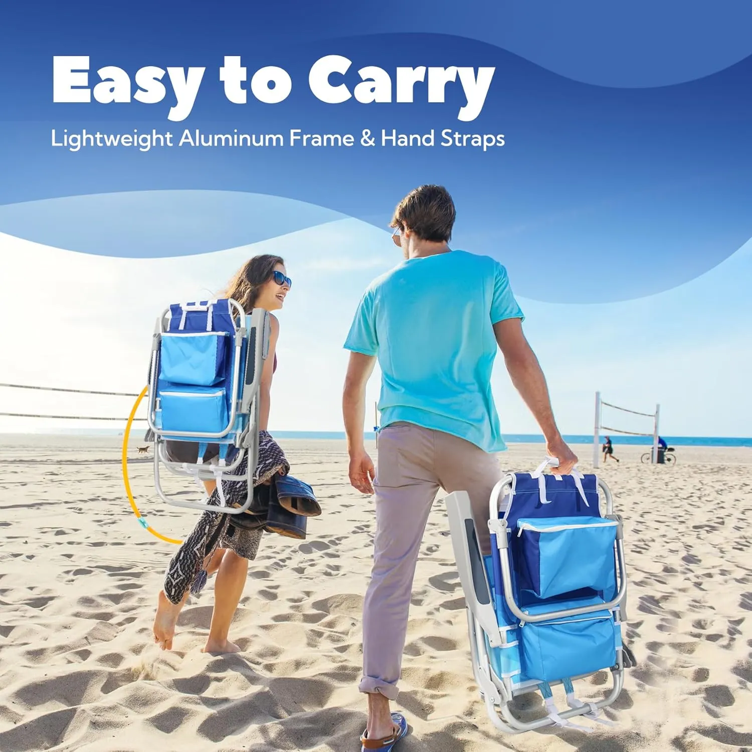 Reclining Beach Chairs for Adults - Tall Beach Chair with Cup Holder & Large Insulated Cooler Bag, Backpack Portable Beach Chair Support 300LBS, Wave Blue