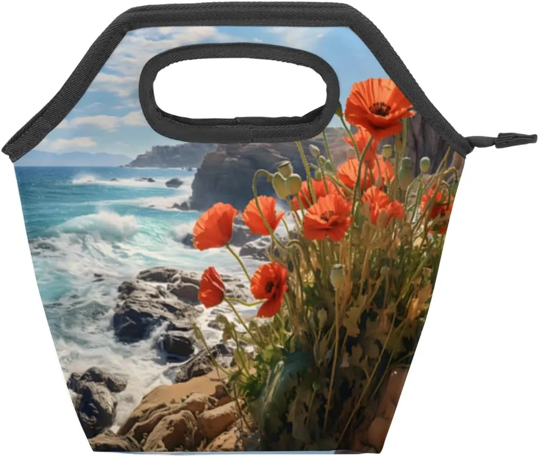 Red Flowers Lunch Tote Bags for Women Men, Atlantic Coast Reusable Insulated Lunch Tote Box for Women Men Lunch Bag for Work Travel Picnic Beach