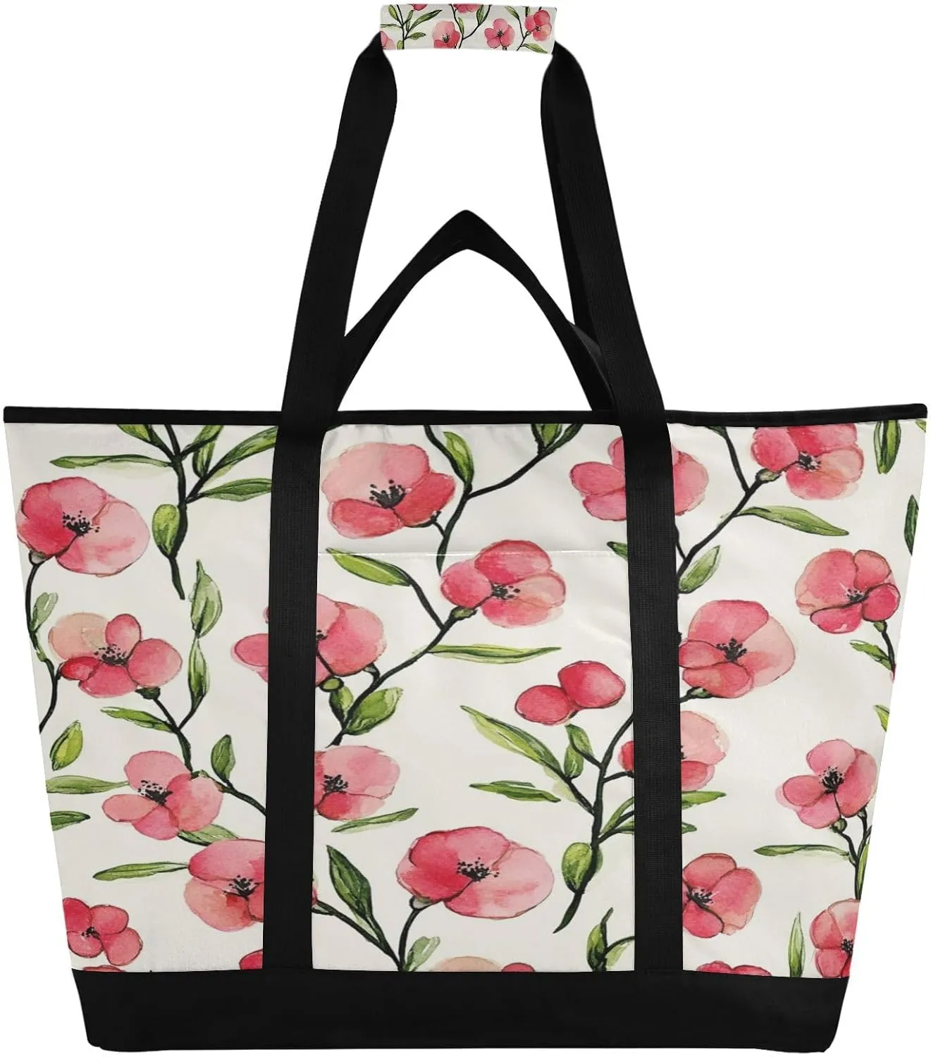 Red Flowers Reusable Insulated Lunchbox Cooler Bag, Leakproof Kitchen Grocery Bag Collapsible Portable Cooler Tote Bag for Picnic, Camping, Office, Travel