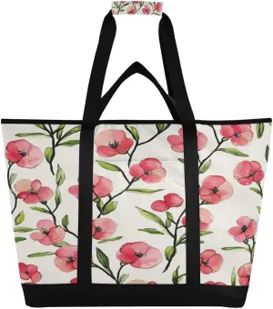 Red Flowers Reusable Insulated Lunchbox Cooler Bag, Leakproof Kitchen Grocery Bag Collapsible Portable Cooler Tote Bag for Picnic, Camping, Office, Travel