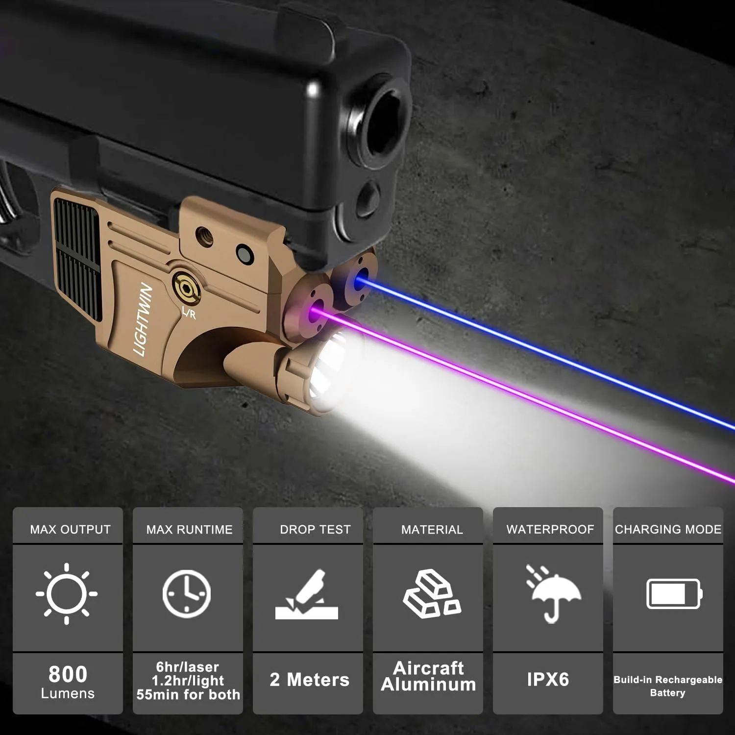 Red Green Blue Purple Laser Beams with 800 Lumens Flashlight for Pistols, 3 in1 Laser Light Combo, Tactical USB Rechargeable Laser Sight, Strobe & Steady Flashlight for Picatinny Rail