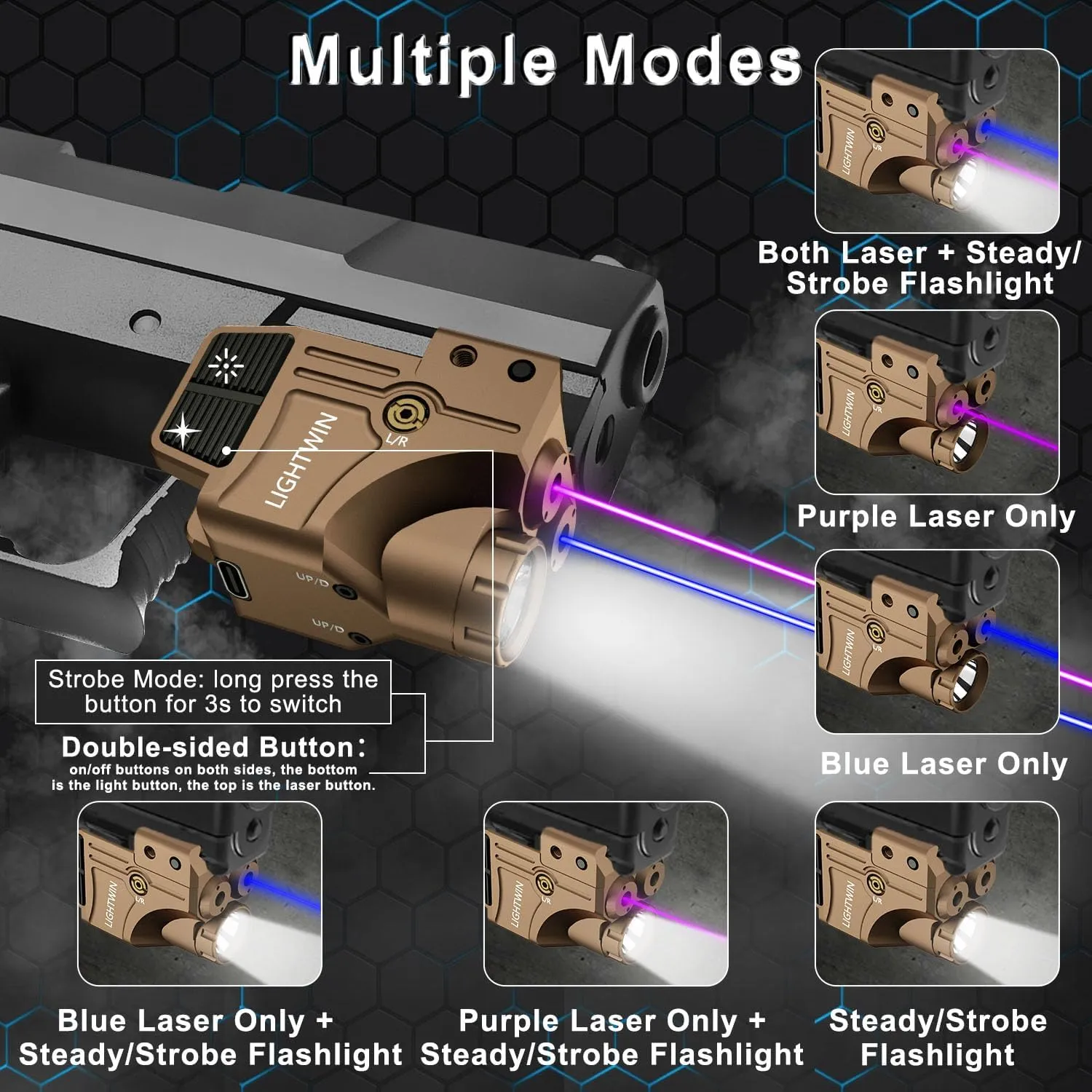 Red Green Blue Purple Laser Beams with 800 Lumens Flashlight for Pistols, 3 in1 Laser Light Combo, Tactical USB Rechargeable Laser Sight, Strobe & Steady Flashlight for Picatinny Rail