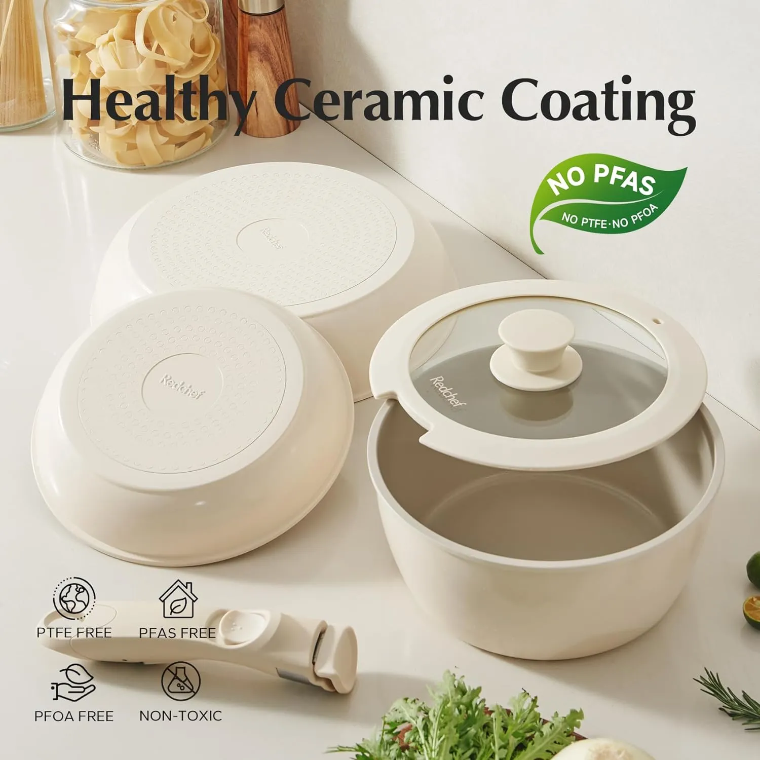 Redchef Ceramic Pots and Pans Set Non Stick, Nonstick Kitchen Cookware Sets, Non Toxic Pots and Pans Set Non Stick, PFAS PFOA & PTFE Free, Detachable Handle Pots and Pans 5 Piece, RV Cookware