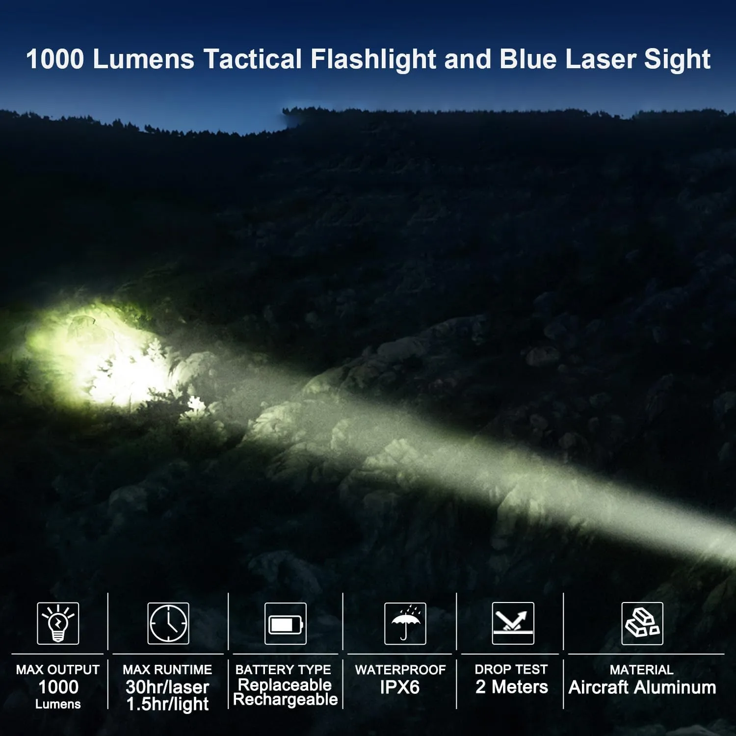 Red/Green/Blue Laser Sight with 1000 Lumens Tactical Flashlight for Rifle, Beam Light Combo, Hard Anodized Aluminum Alloy, Laser Class IIIA, 5mW